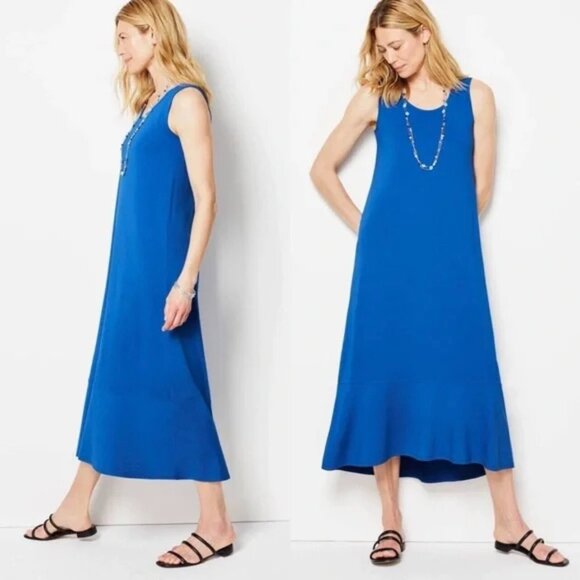 J. Jill Dresses & Skirts - J.Jill Wearever Collection Flounced Hem Elliptical Blue Midi Dress Women's Small